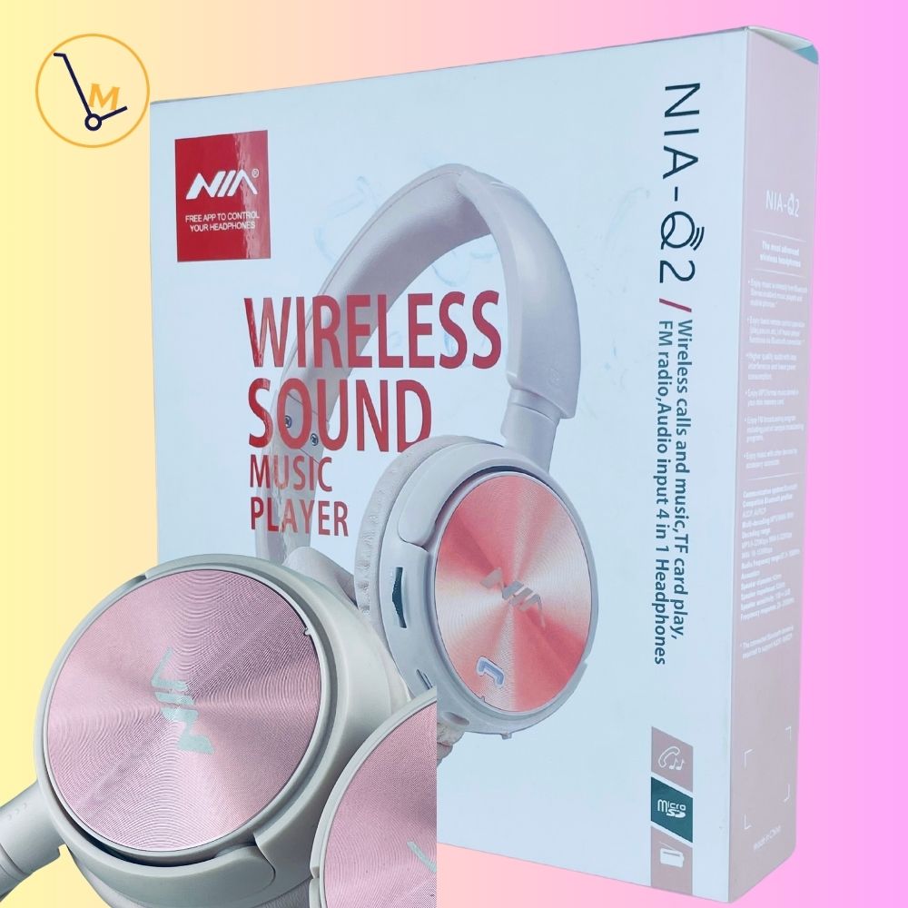 Nia Casque Bluetooth Sans Fil Q2 avec AUX, Microphone, Radio FM, Carte SD (ROSE)